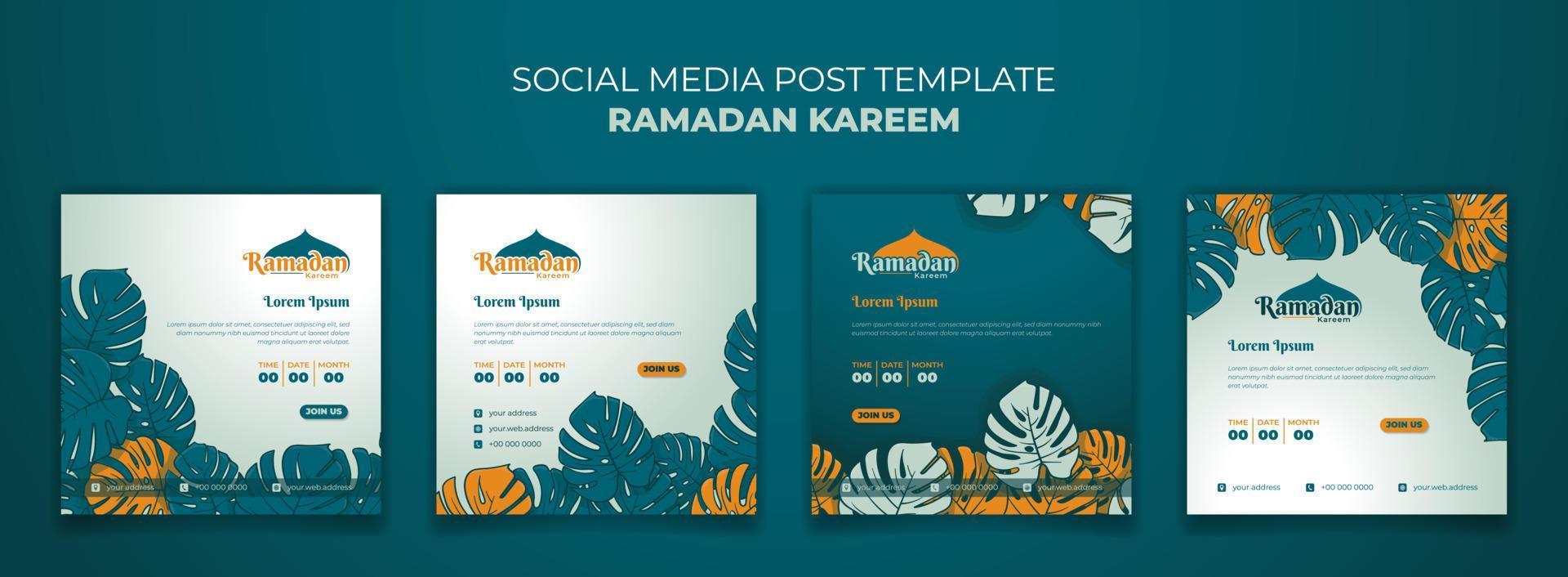 Set of social media post template for ramadan kareem with hand drawn of monstera leaves background vector