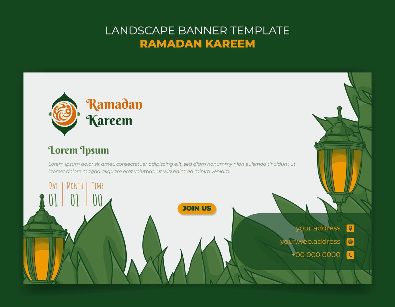 Ramadán kareem bandera modelo con linterna y verde hojas antecedentes diseño vector