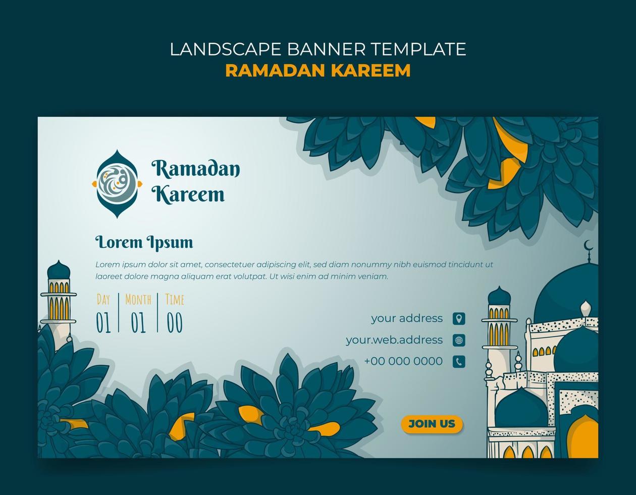 Ramadán bandera modelo con mezquita y verde césped antecedentes en mano dibujado diseño vector