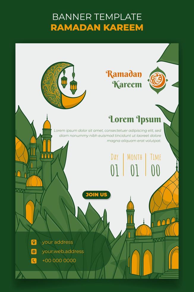 Ramadán kareem bandera modelo en retrato con mezquita y creciente Luna en verde hojas antecedentes vector