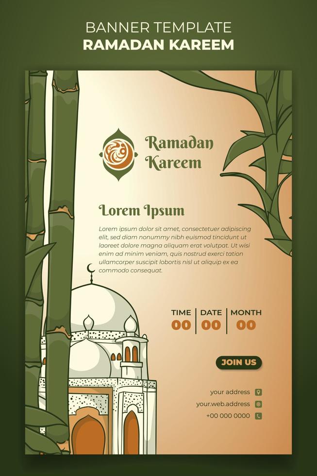 Ramadan banner design with mosque and bamboo background in ghand drawn design vector