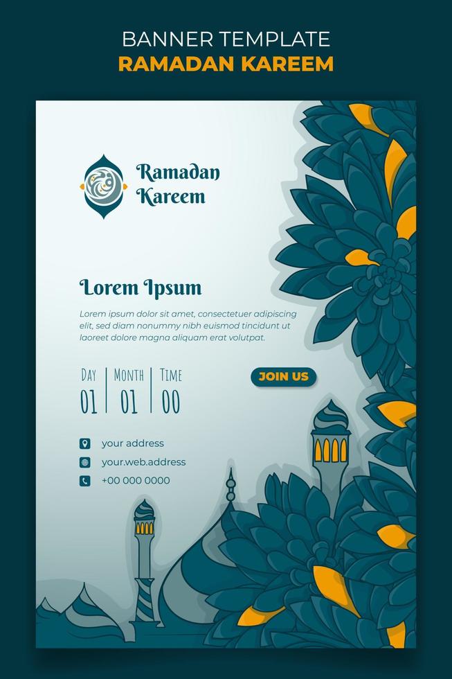 Ramadan banner template in portrait design with minaret and green grass background design vector