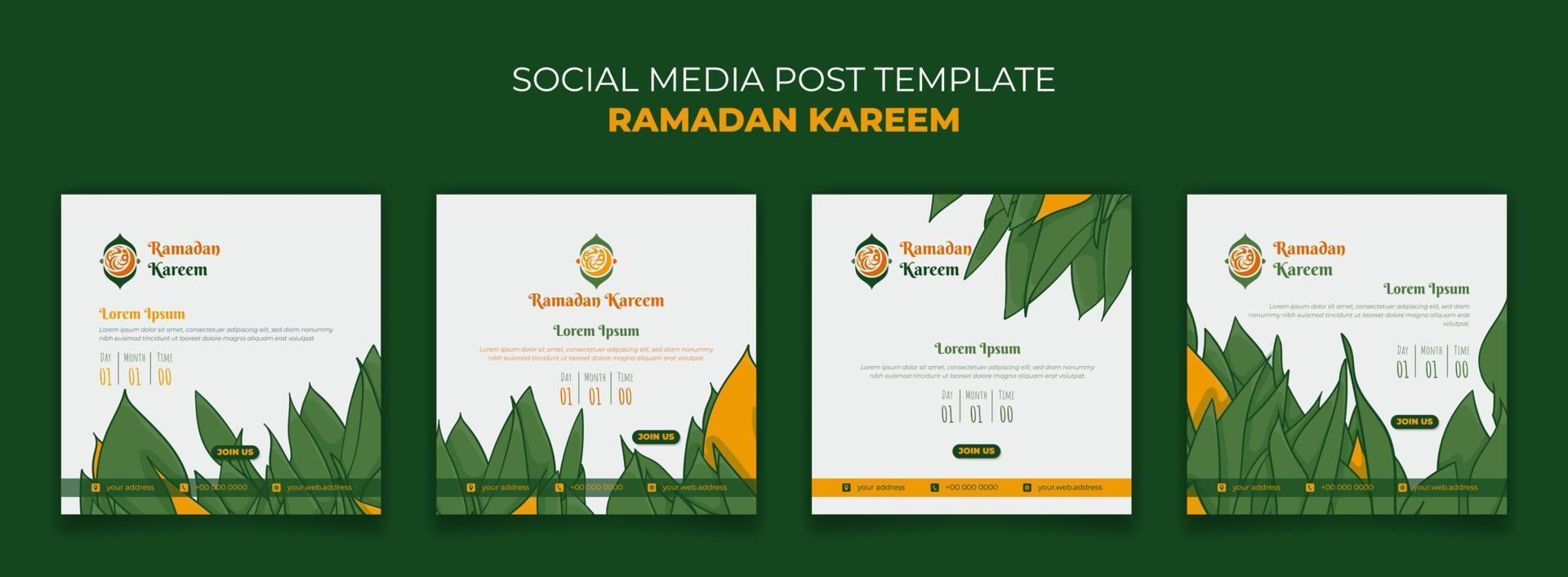 Set of social media post template for ramadan kareem with hand drawn of green leaves background vector