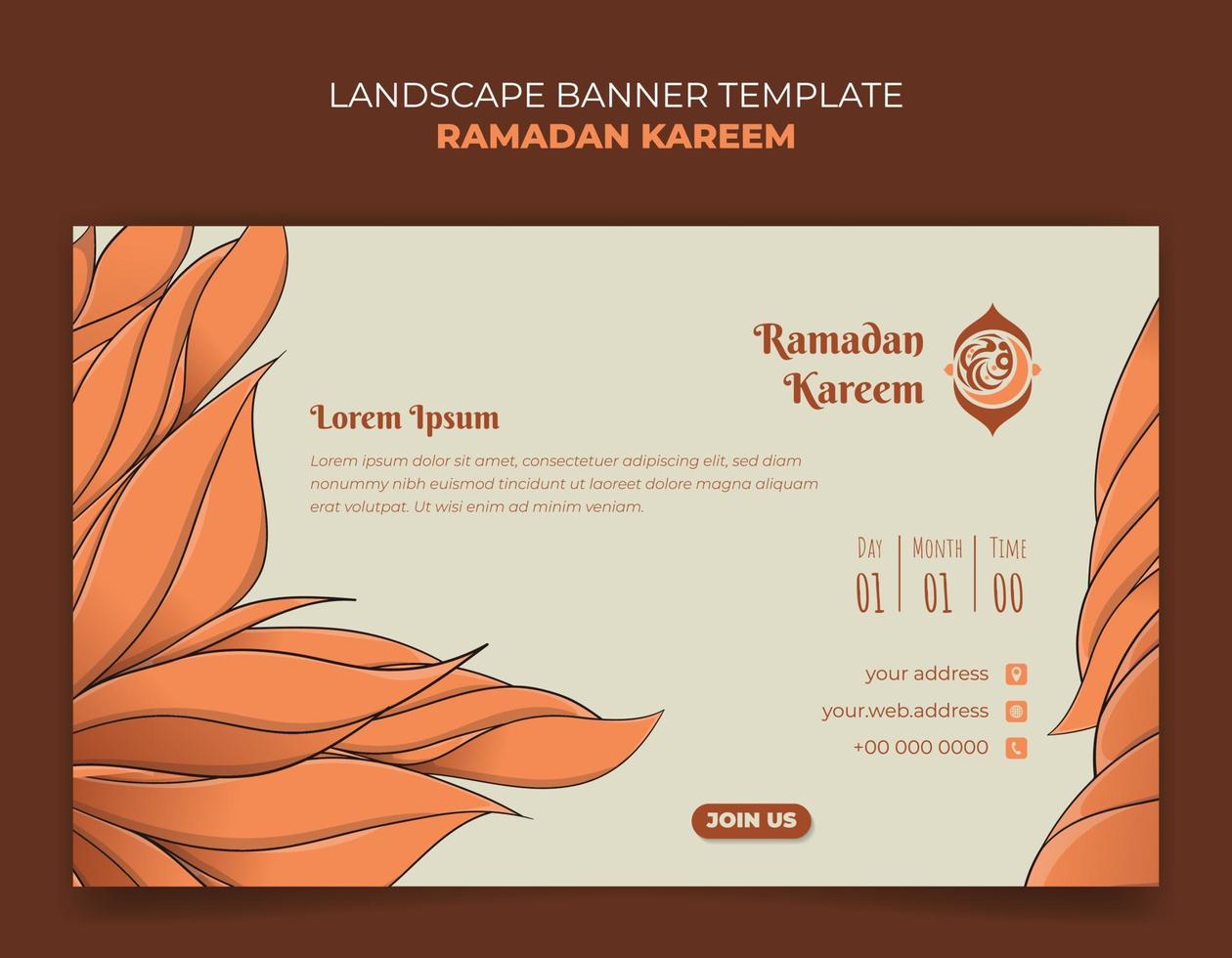 Ramadán kareem bandera en paisaje diseño con mano dibujado de naranja césped vector