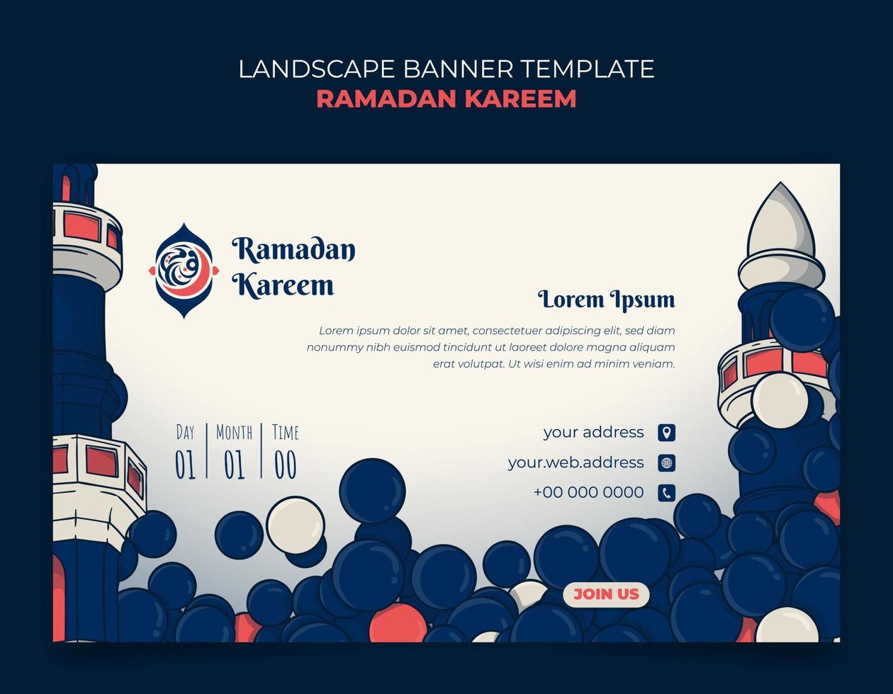 Ramadan banner template in landscape background with bubble menu design and mosque minaret design vector
