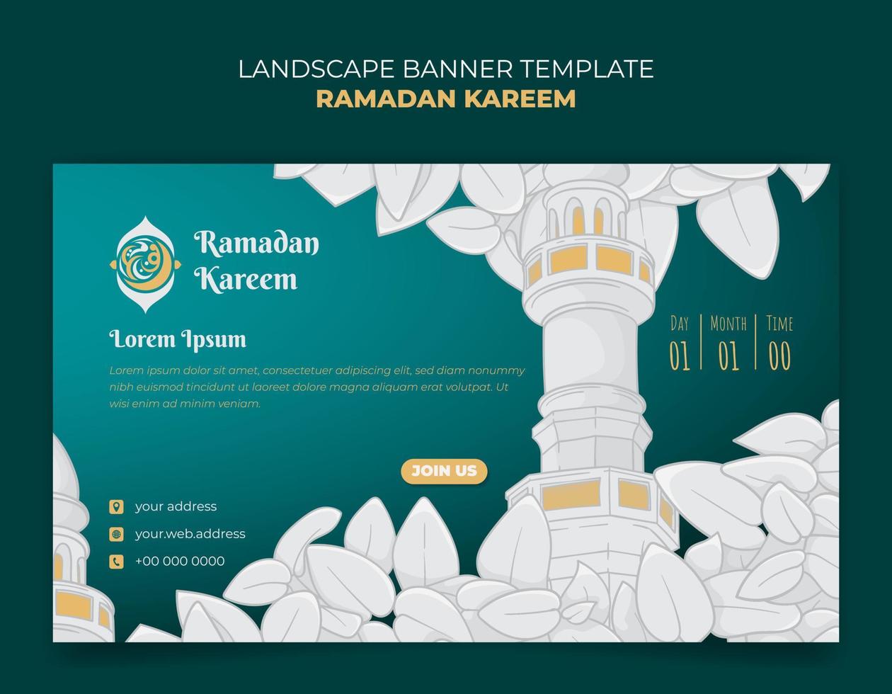 Ramadan kareem landscape banner with white mosque minaret and white leaves background design vector