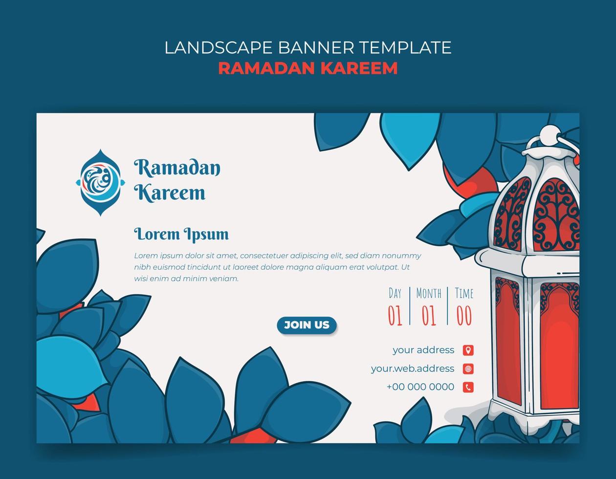 Ramadán bandera modelo en paisaje diseño con linterna diseño y azul rojo hojas vector