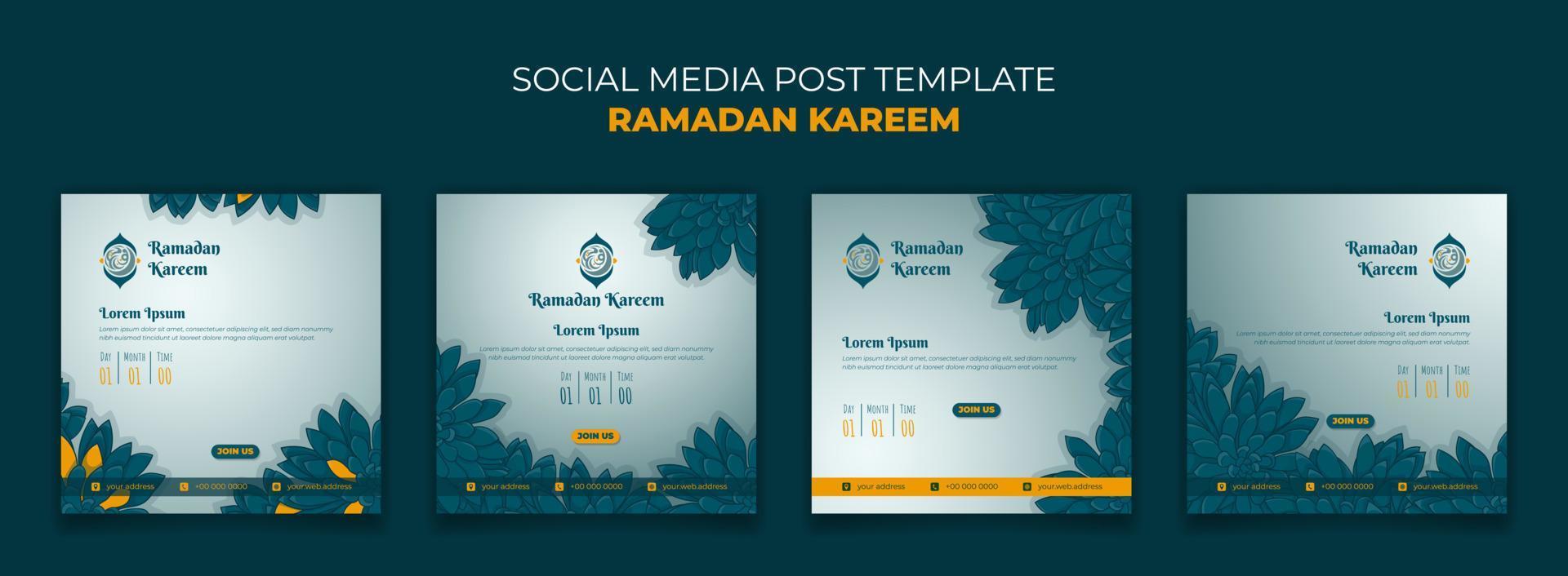 Set of social media post template for ramadan kareem with hand drawn of green grass background vector