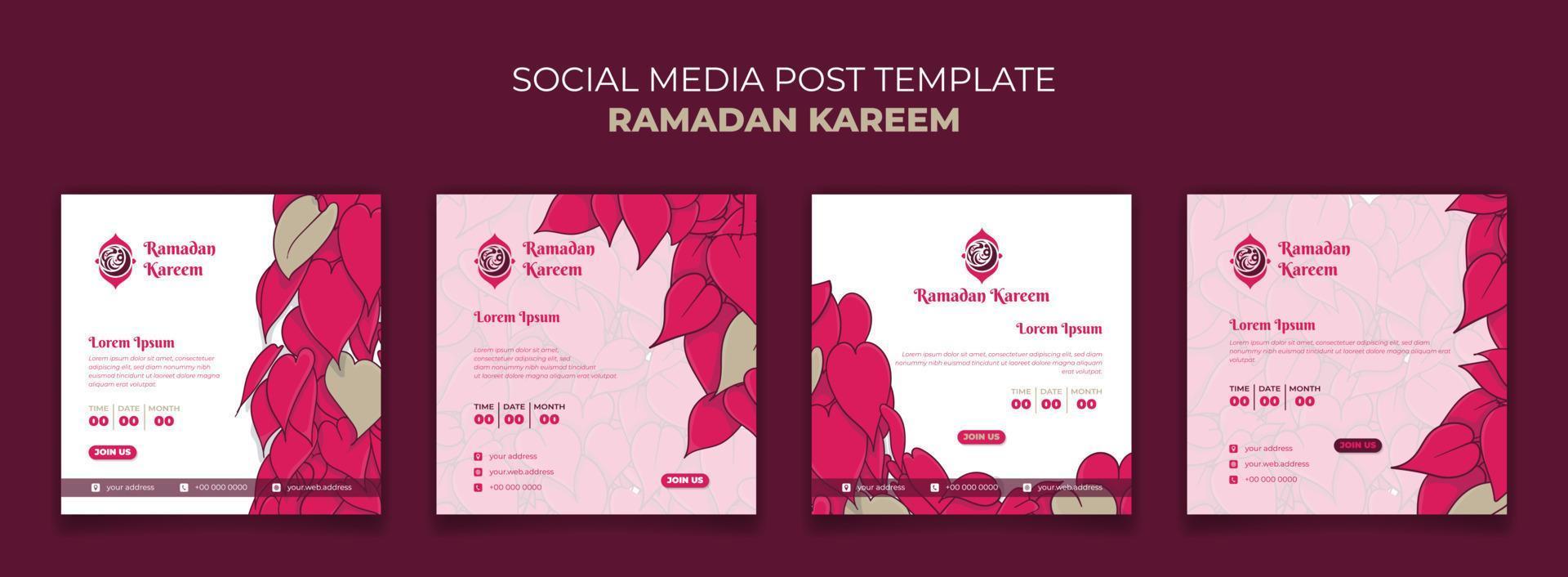 Set of social media post template in feminine design for ramadan kareem with pink leaves background vector