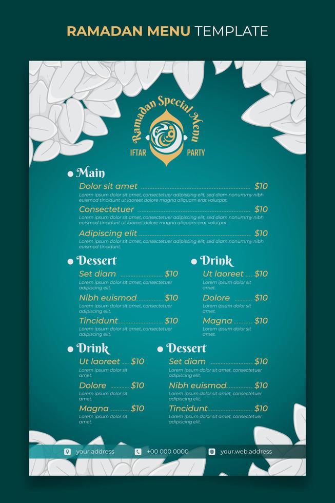 Restaurant menu template for ramadan iftar party design with white leaves ornamental background vector
