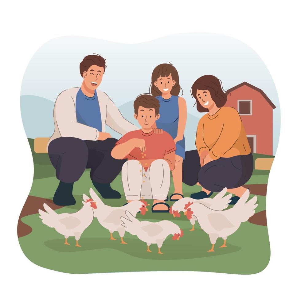 Parents and their children feeding chickens in the farm vector