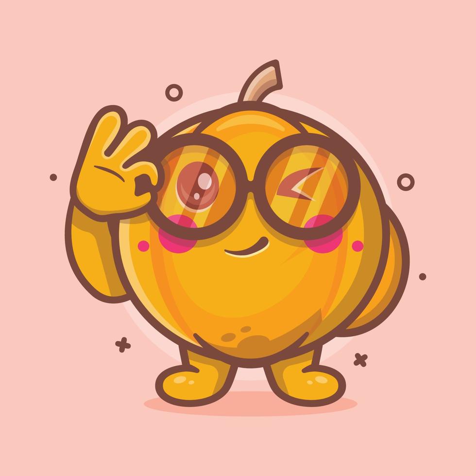 funny pumpkin fruit character mascot with ok sign hand gesture isolated cartoon in flat style design vector