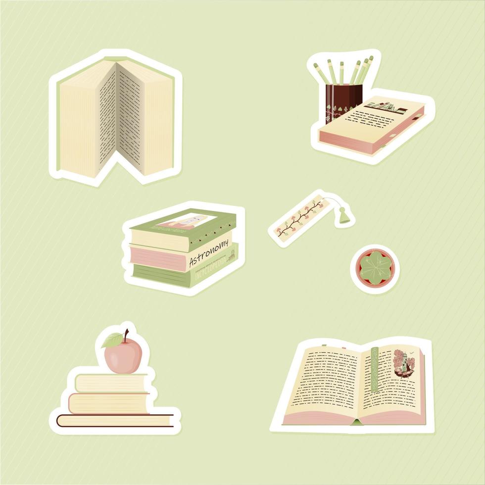 Book SET of seven stickers light green vector