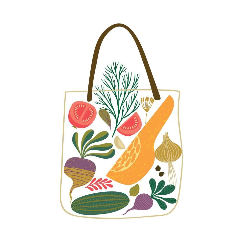 Vector illustration of fruits and vegetables in a bag. Healthy food. Isolated element for design