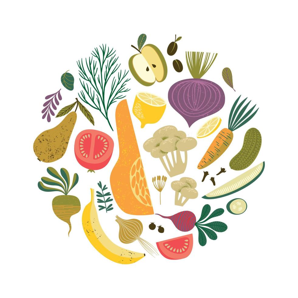 Vector illustration of fruits and vegetables. Healthy food. Isolated design