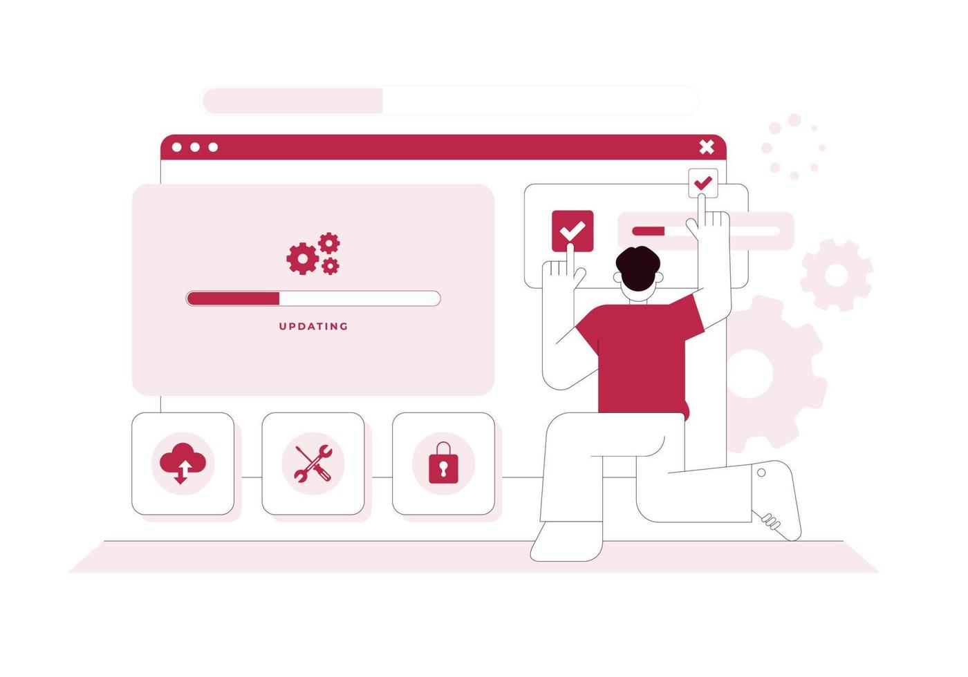 Updating software operating system and fixing bugs with loading screen concept illustration vector