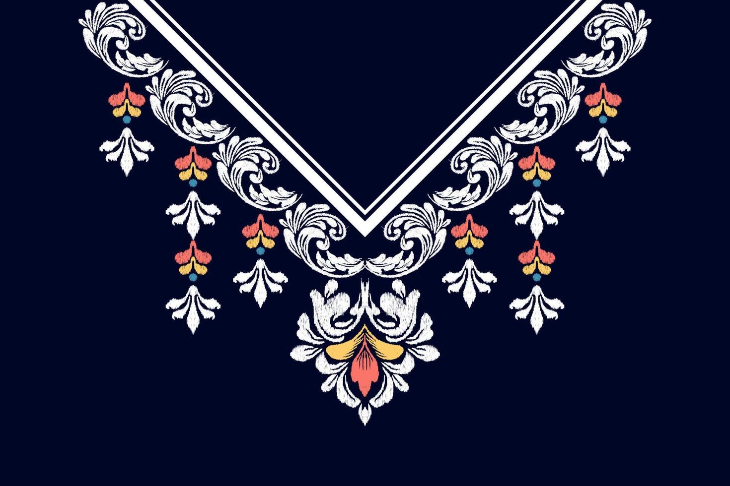 Embroidery neckline floral pattern. Beautiful ornament with colorful flowers. Fashion design. vector