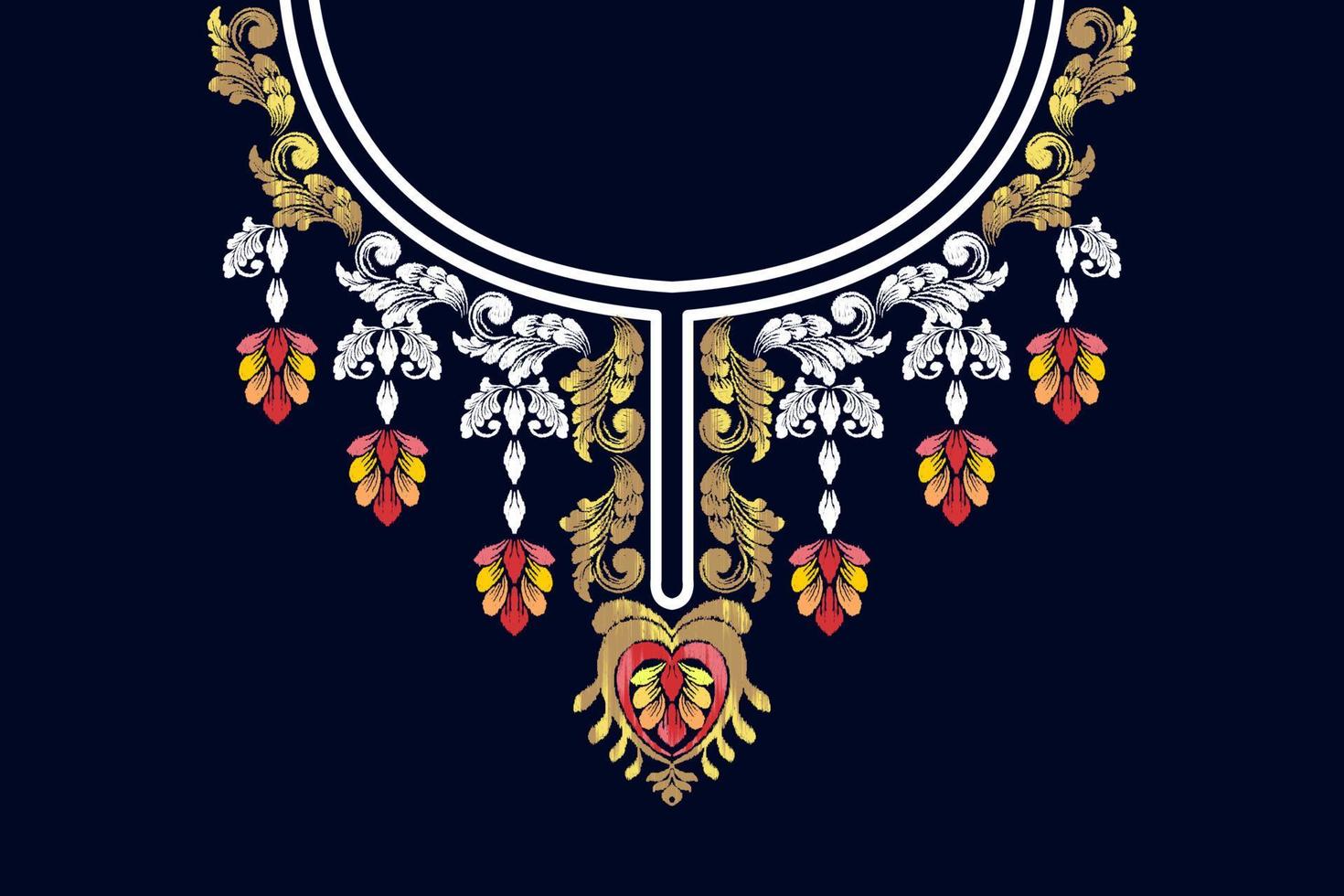Embroidery neckline floral pattern. Beautiful ornament with colorful flowers. Fashion design. vector