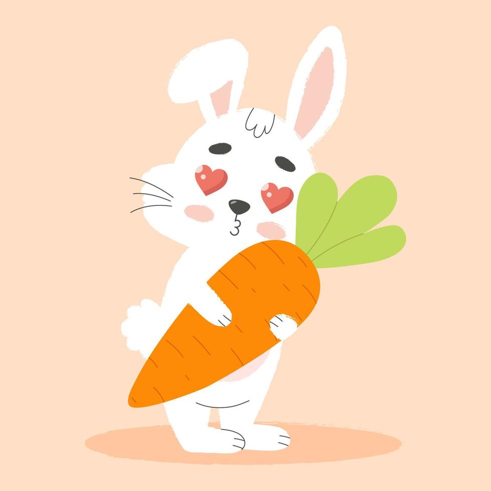 Cute white easter bunny hugs big carrot. Cartoon vector illustration.