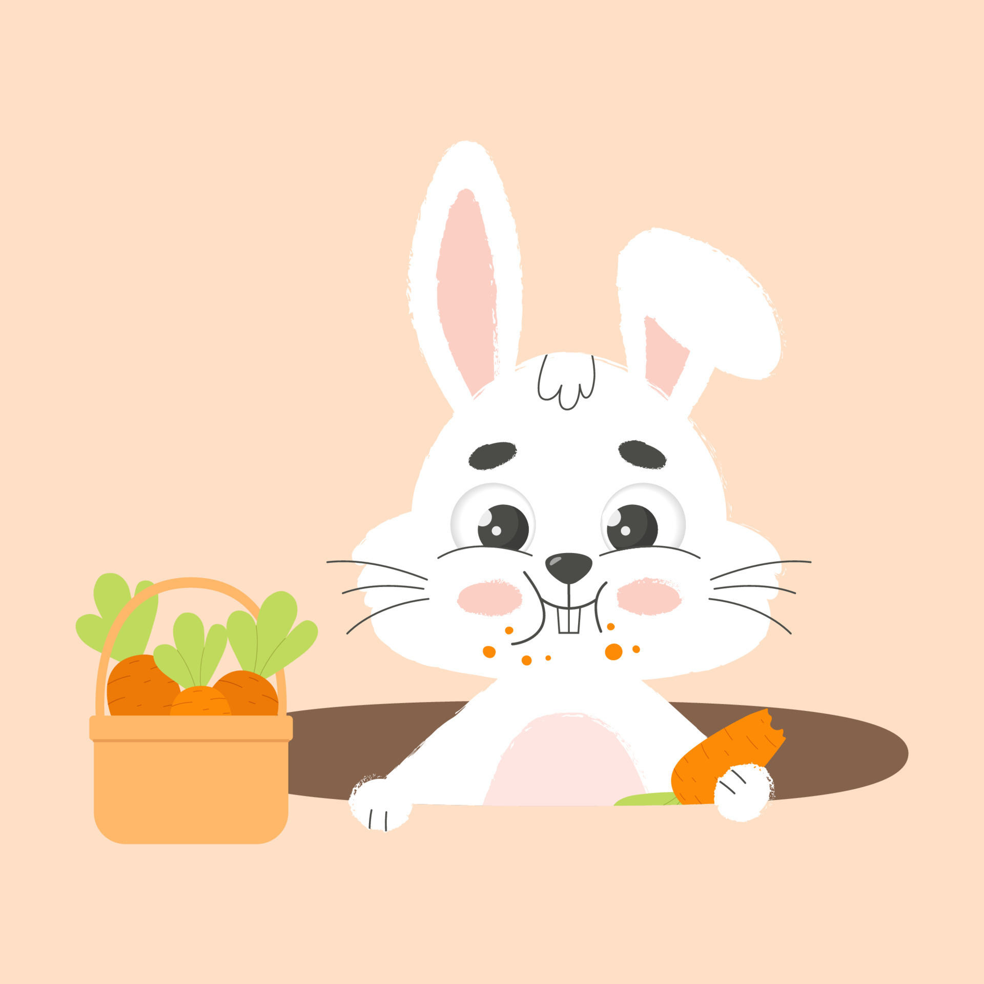 Cute white easter bunny nibbles carrot in hole. Cartoon vector