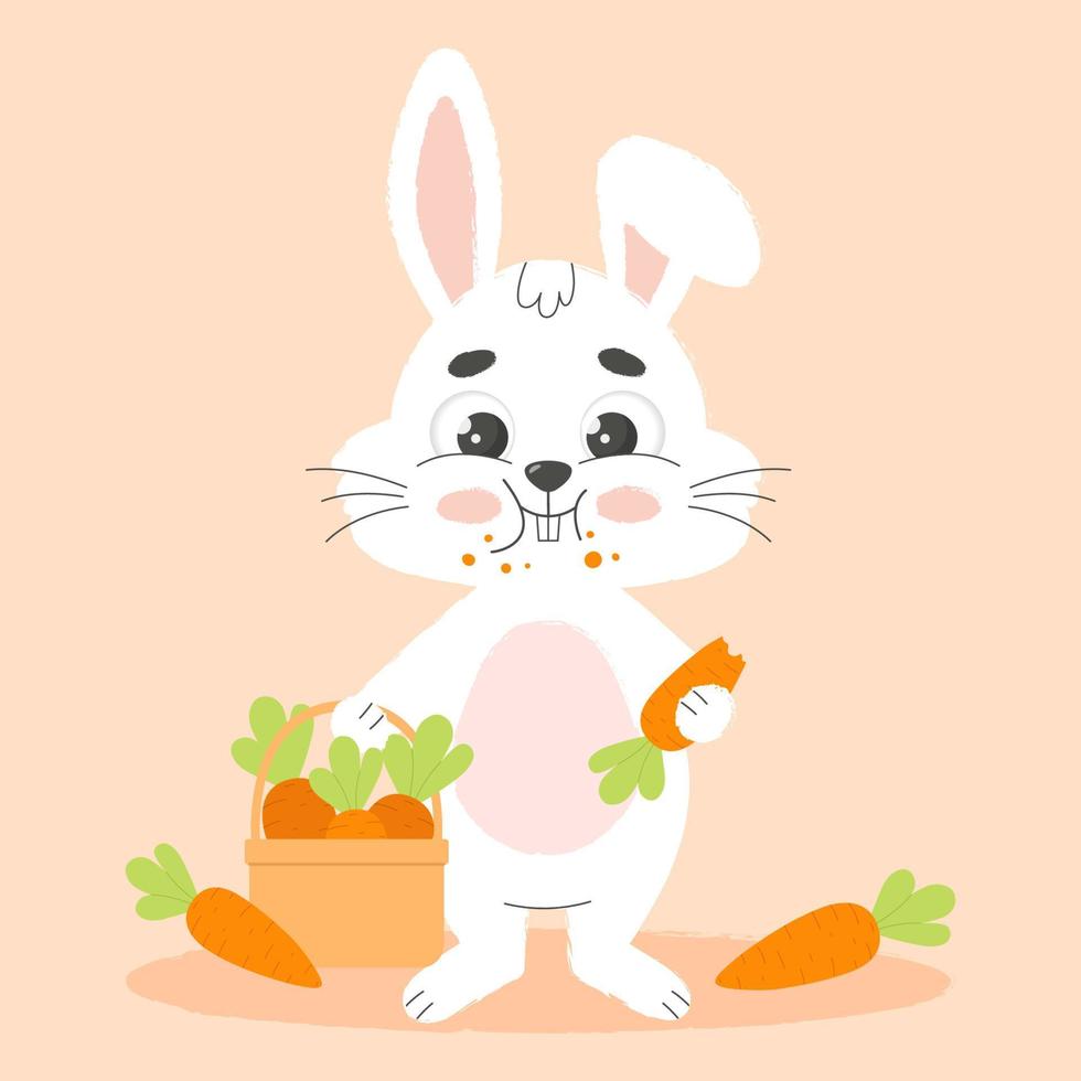 Cute white easter bunny nibbles carrot. Cartoon vector illustration.