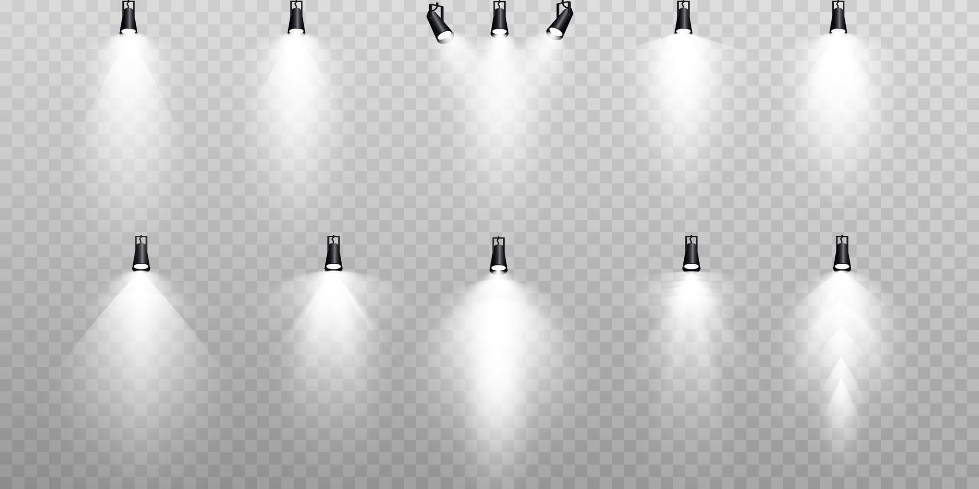 Set of white spotlights. various forms of light. Stage spotlights. Light effects. Glow light effect. Vector illustration.