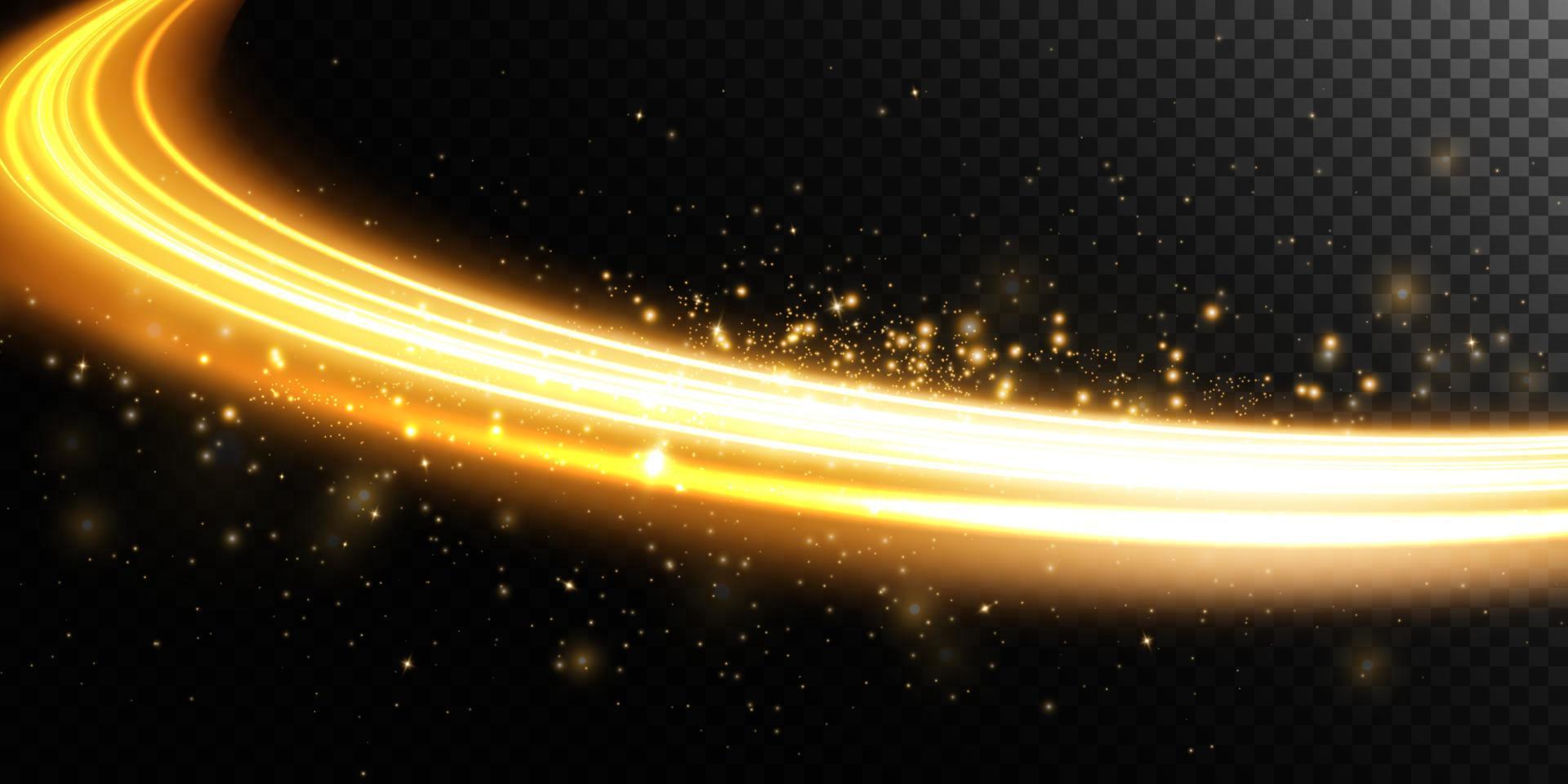 Magic golden sparks on a dark background. Mystical speed stripes, glitter effect. Shine of cosmic rays. Neon lines of speed and fast wind. Glow effect, powerful energy. vector