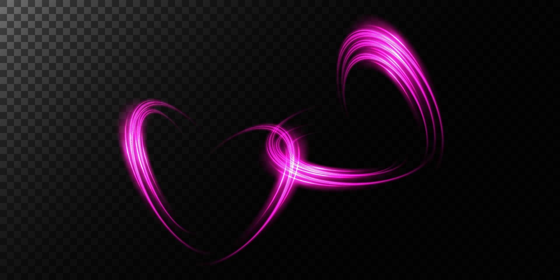 Abstract pink light lines of movement and speed in the shape of two hearts. Glow light effect. vector