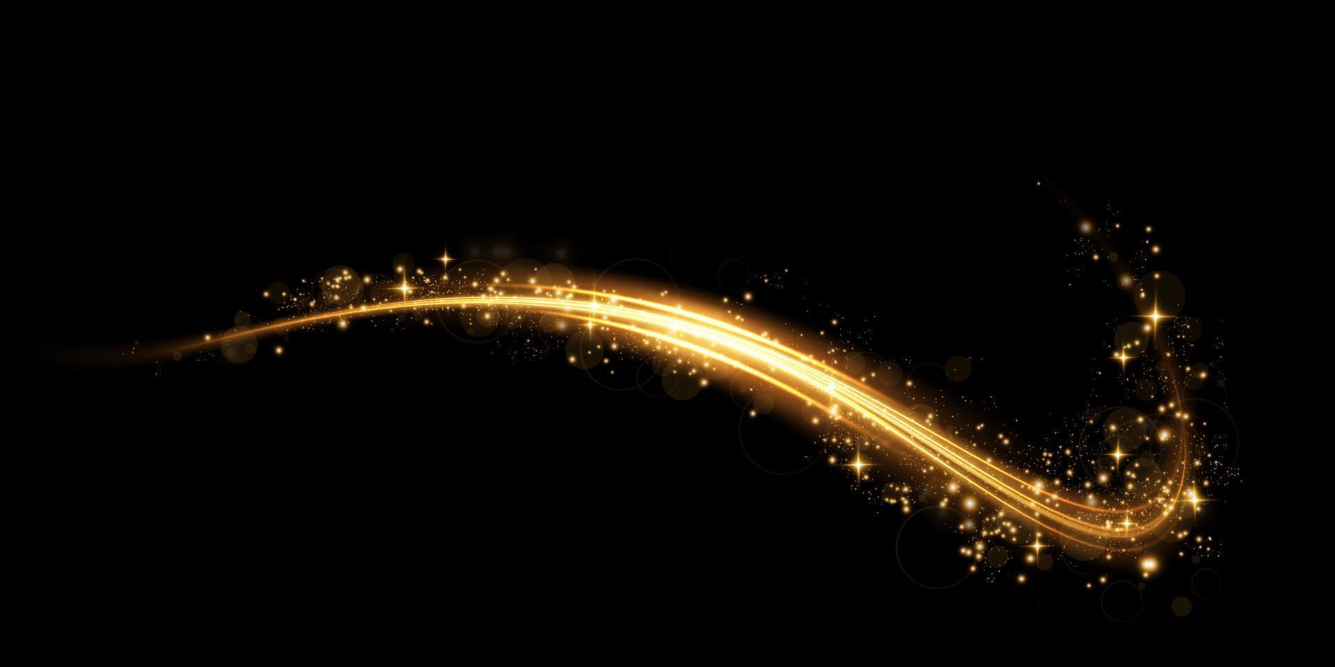 Luminous gold lines of speed. Light glowing effect. Abstract motion lines. Light trail wave, fire path trace line vector