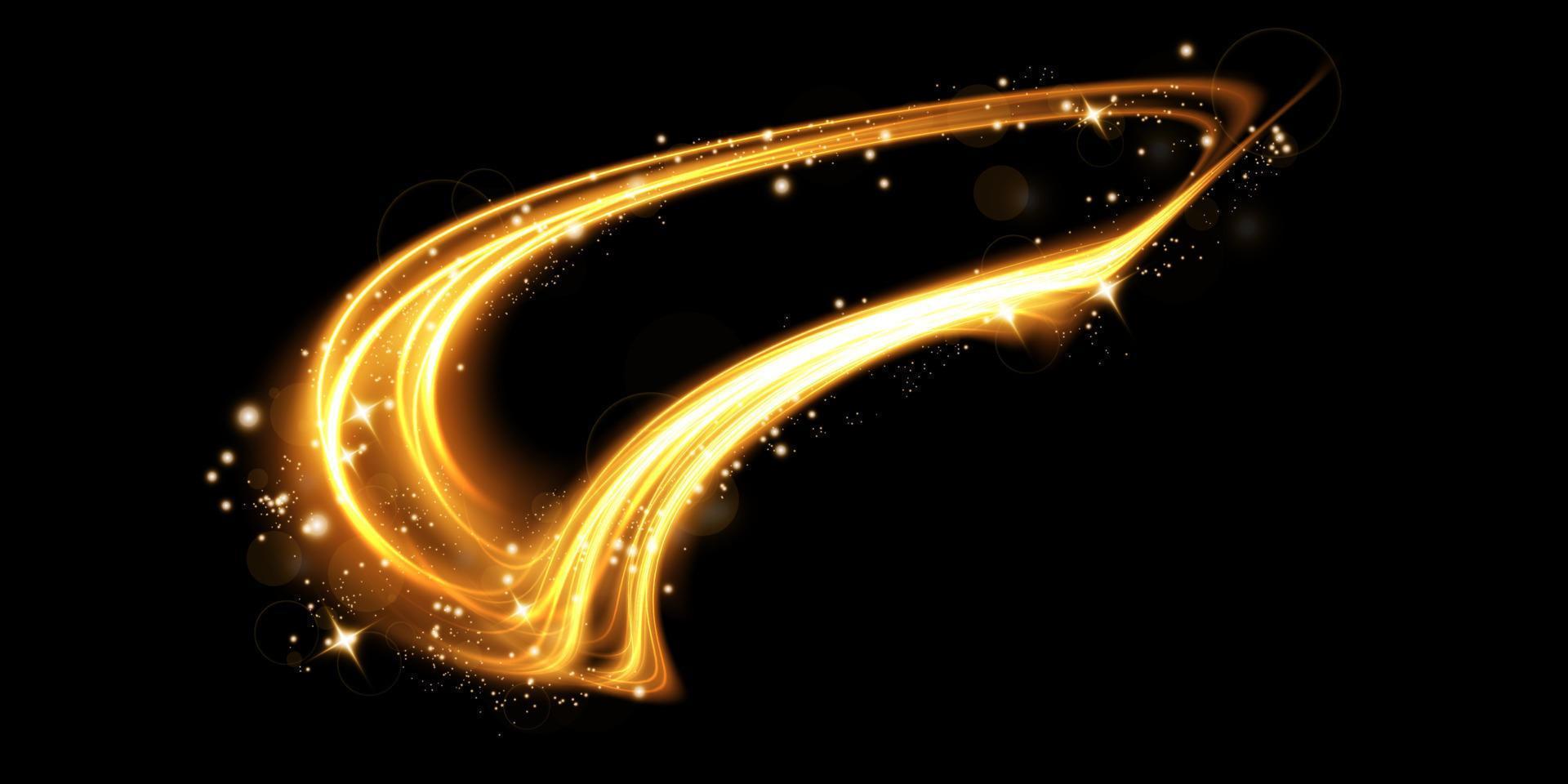 Luminous gold lines of speed. Light glowing effect. Abstract motion lines. Light trail wave, fire path trace line vector