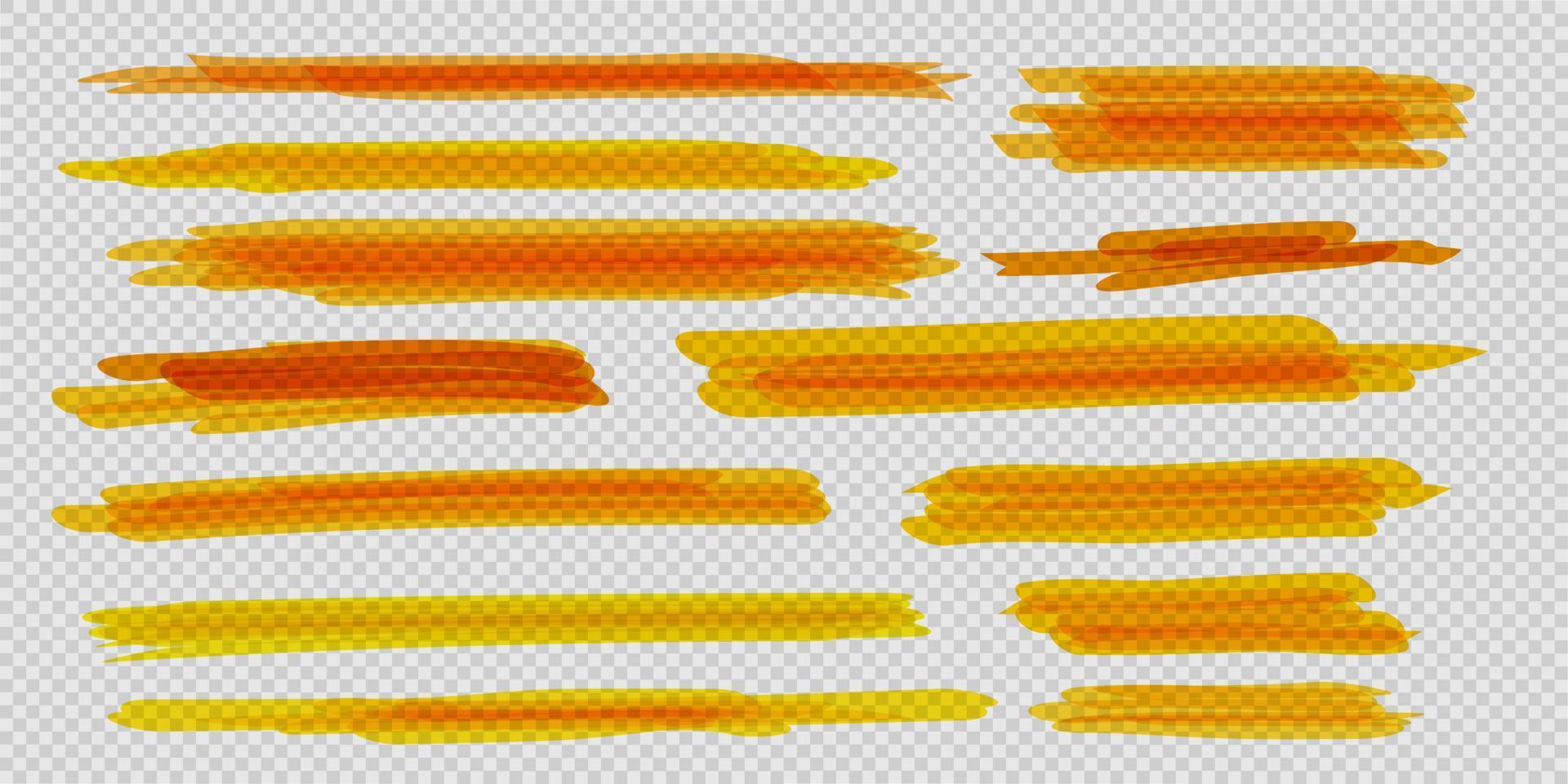 Vector highlighter brush set. Hand drawn yellow highlight marker stripes.