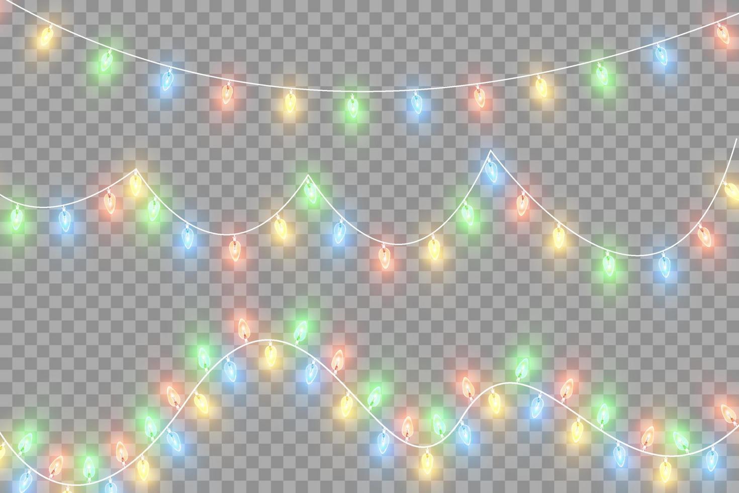 Christmas lights. Colorful Christmas garlands. Vector red, yellow, blue and green glow light bulbs on wires isolated.
