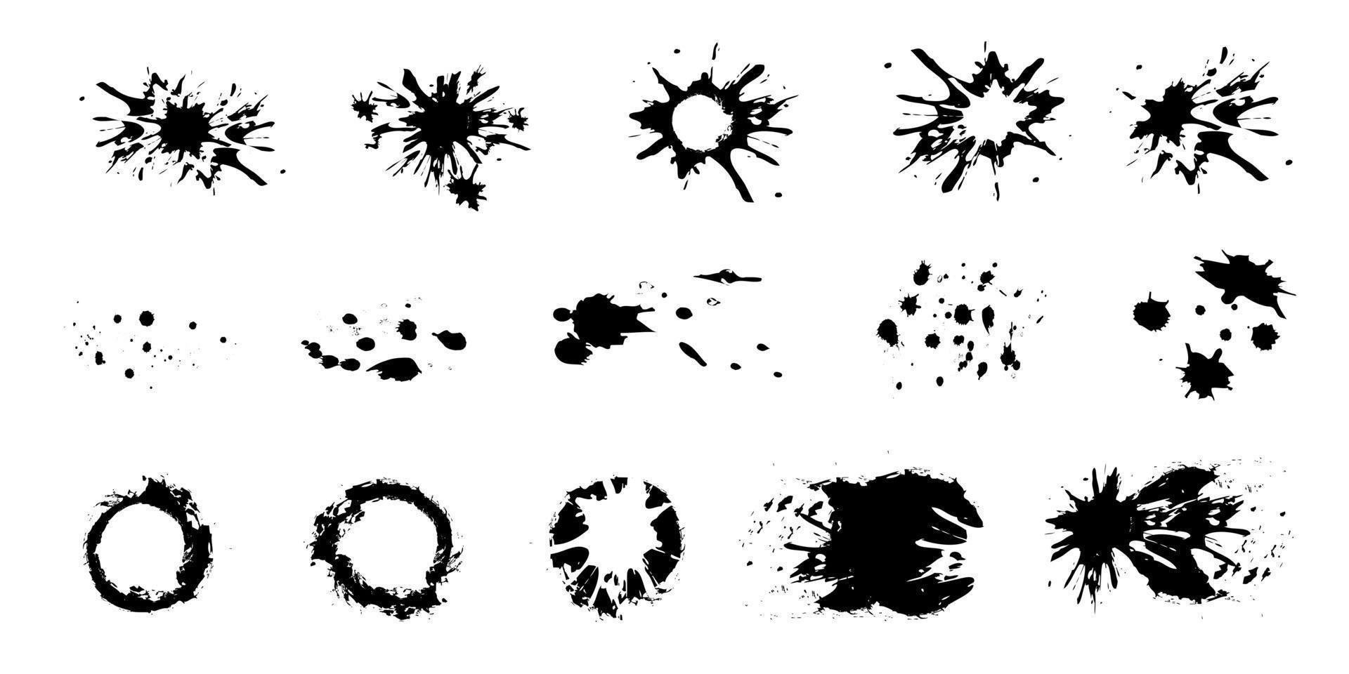 A large set of black ink, ink smears, stains, blots, brushes, lines, rough. Black brush strokes, elements of artistic design. Vector illustration. Isolated on white background.