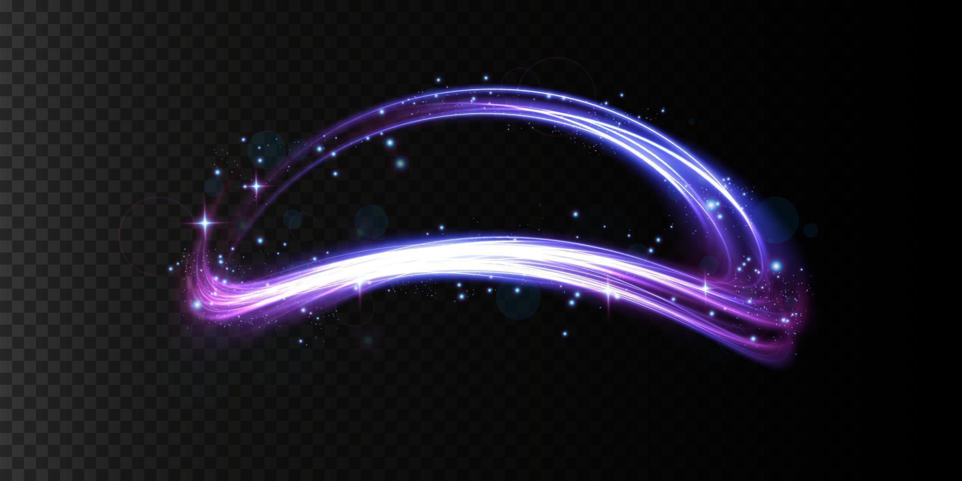 Mystical speed purple and blue stripes, glitter effect. The glow of cosmic rays. Neon lines of speed and fast wind. Glow effect, powerful energy. vector