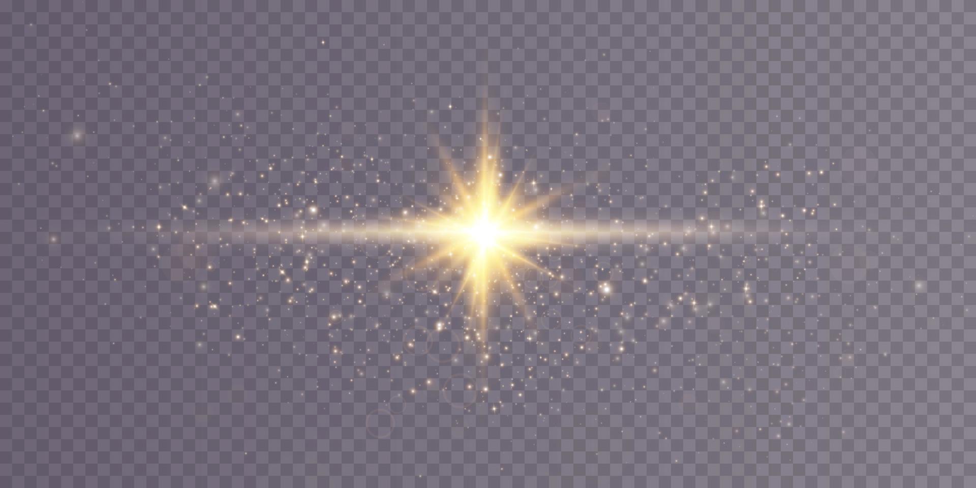 dorado estrella. el efecto de resplandor y rayos de luz, brillante luces, Dom. vector
