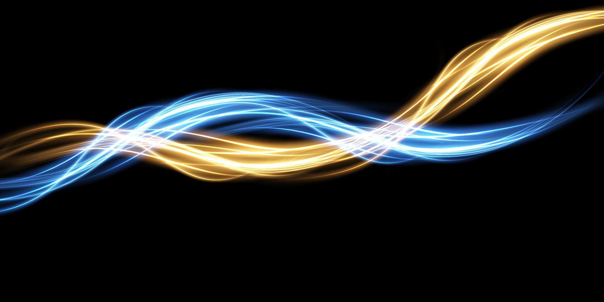 Abstract light lines of movement and speed in blue and yellow. Light everyday glowing effect. semicircular wave, light trail curve swirl vector