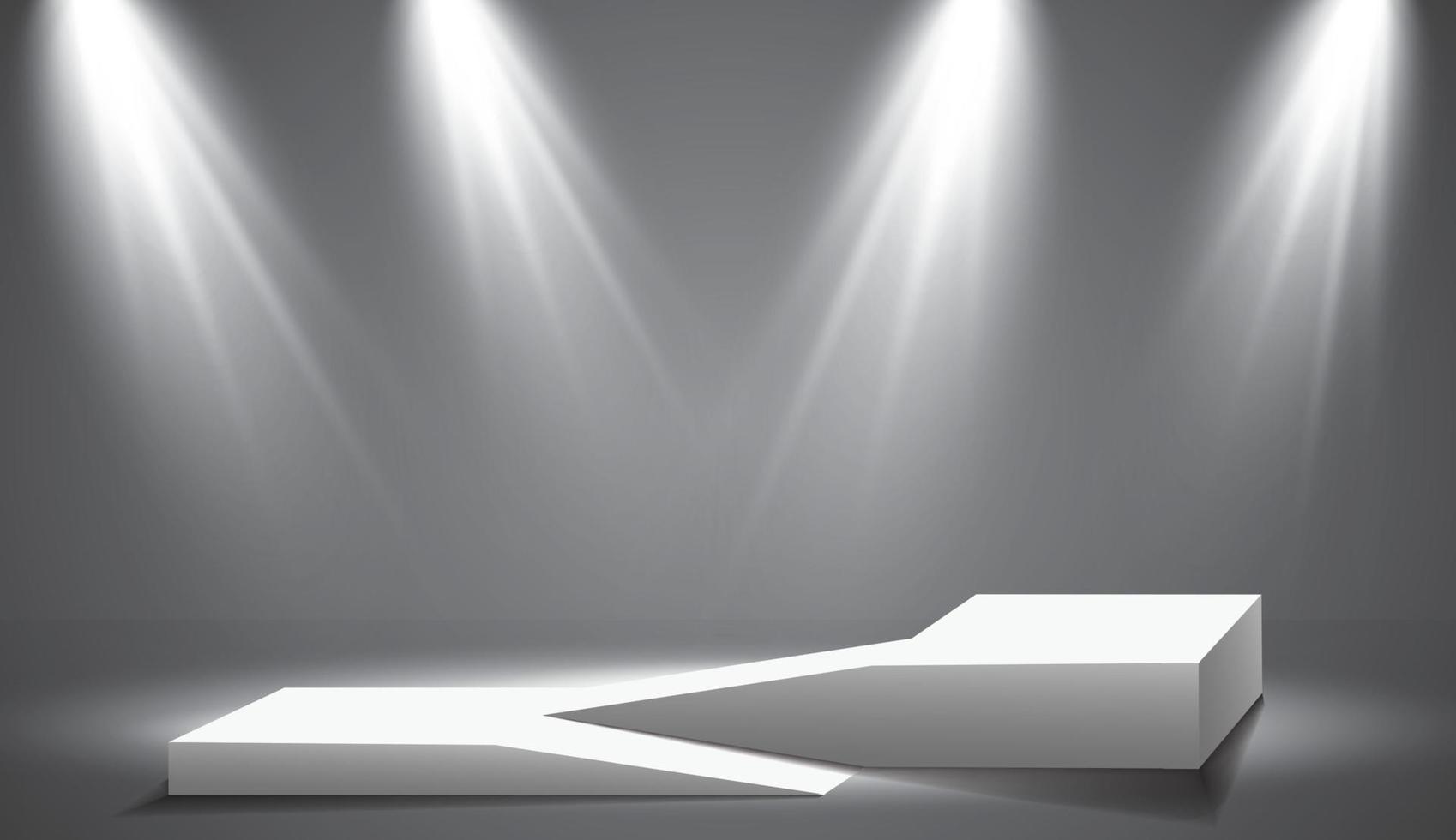 The ramp of the podium, pedestal or platform is illuminated by spotlights on a gray background. Scene with picturesque lights. Vector illustration.