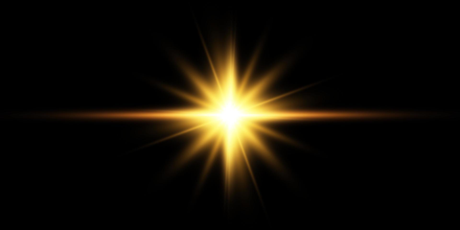 Golden star, on a black background, the effect of glow and rays of light, glowing lights, sun.vector. vector