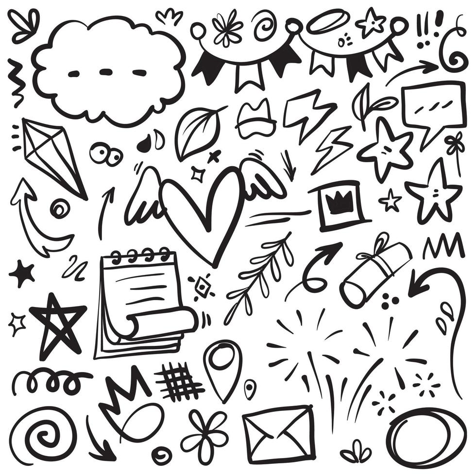 Hand drawn set elements, Abstract arrows, ribbons, hearts, stars, crowns and other elements in a hand drawn style for concept designs. Scribble illustration. Vector illustration.