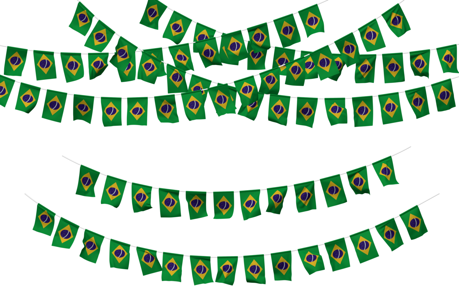 Brasil bandeira estamenha decoração em a corda, jhandi, conjunto do pequeno bandeira celebração, 3d Renderização png