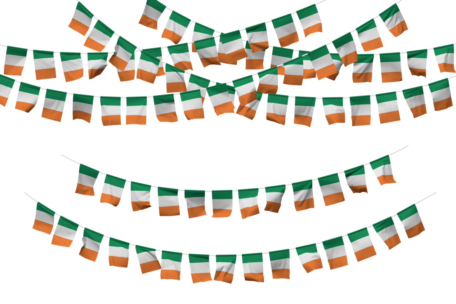 irland flagga flaggväv dekoration på de rep, jhandi, uppsättning av små flagga firande, 3d tolkning png