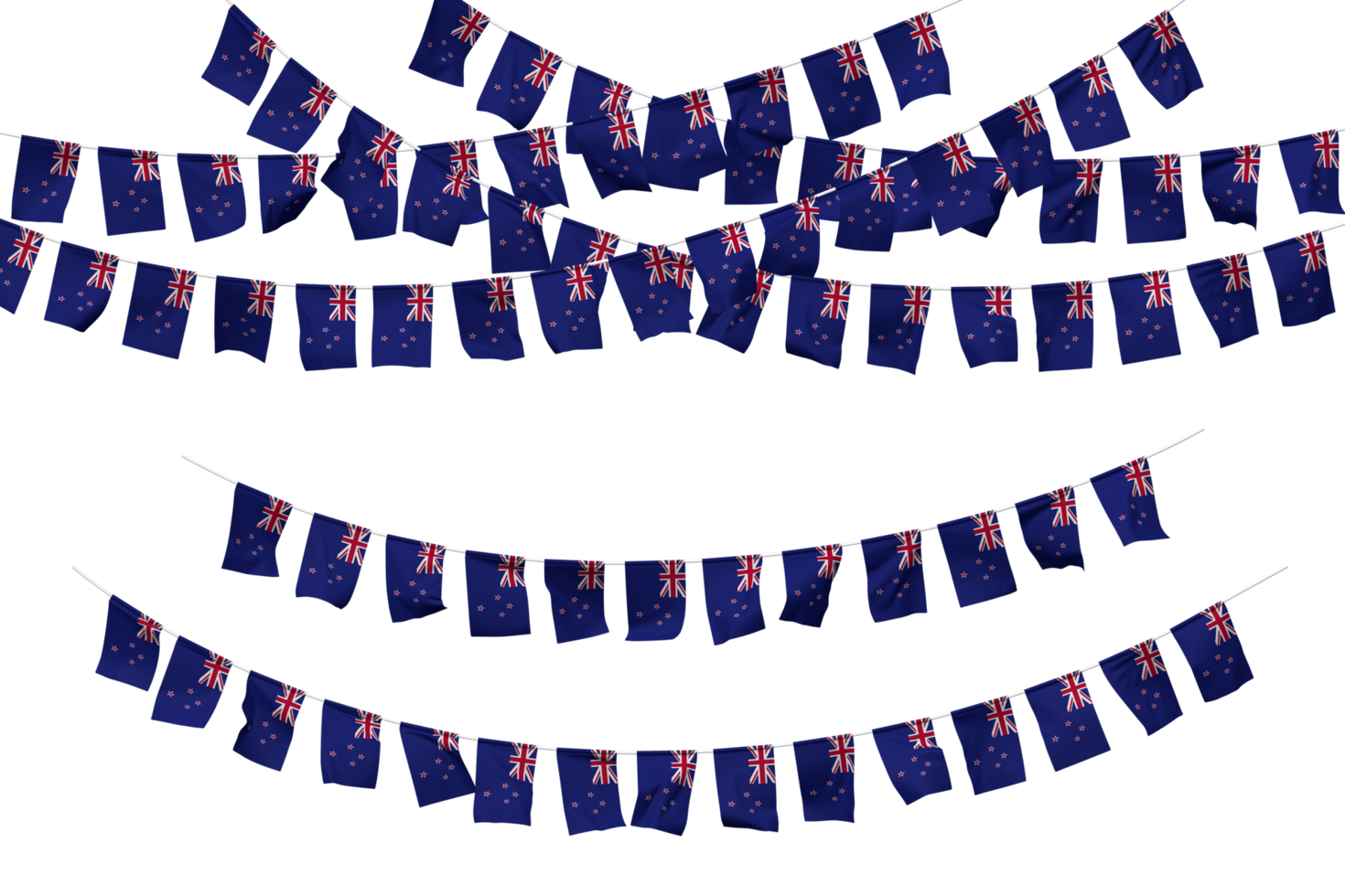 New Zealand Flag Bunting Decoration on The Rope, Jhandi, Set of Small Flag Celebration, 3D Rendering png