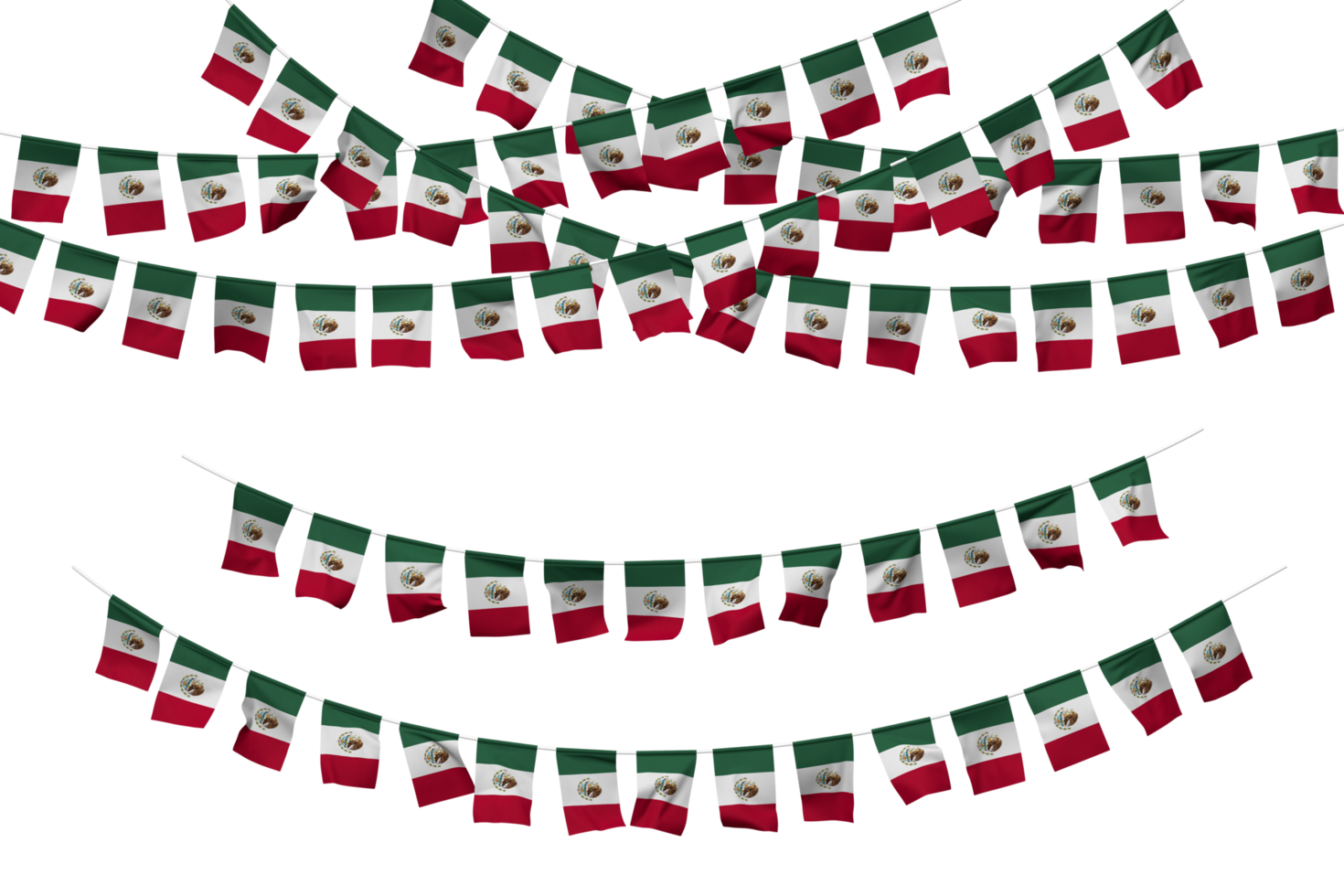 mexico flagga flaggväv dekoration på de rep, jhandi, uppsättning av små flagga firande, 3d tolkning png