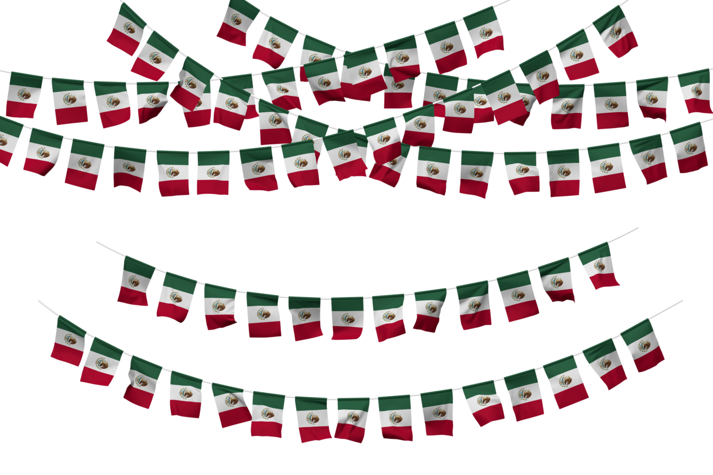 Mexico Flag Bunting Decoration on The Rope, Jhandi, Set of Small Flag Celebration, 3D Rendering png