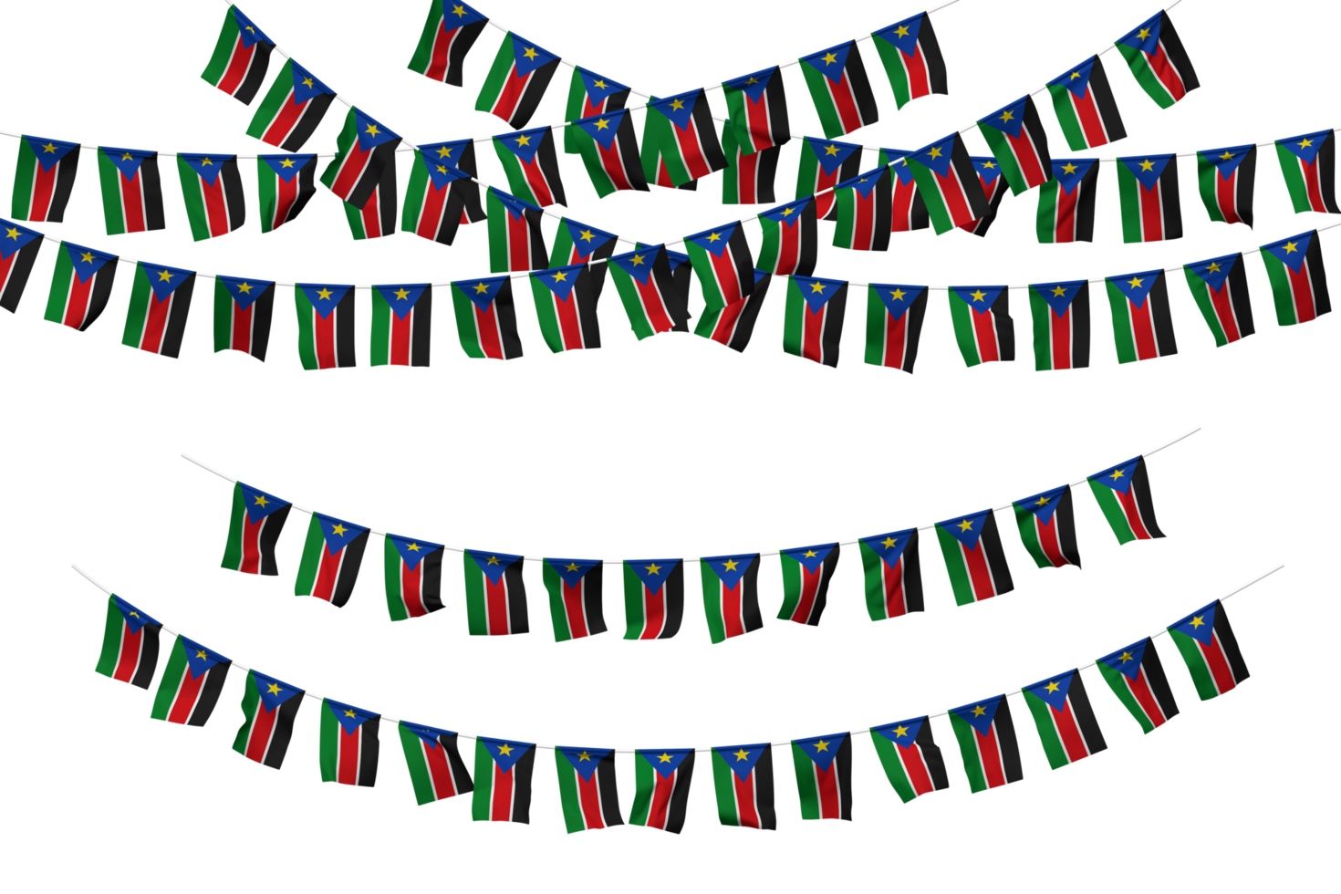 South Sudan Flag Bunting Decoration on The Rope, Jhandi, Set of Small Flag Celebration, 3D Rendering png
