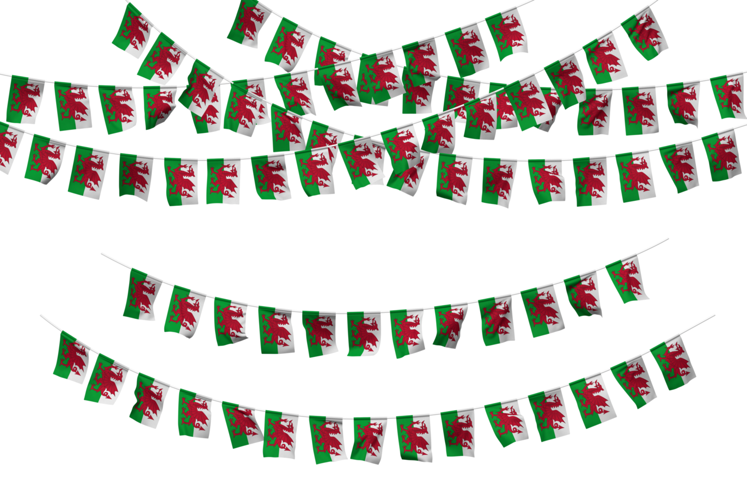 Wales Flag Bunting Decoration on The Rope, Jhandi, Set of Small Flag Celebration, 3D Rendering png