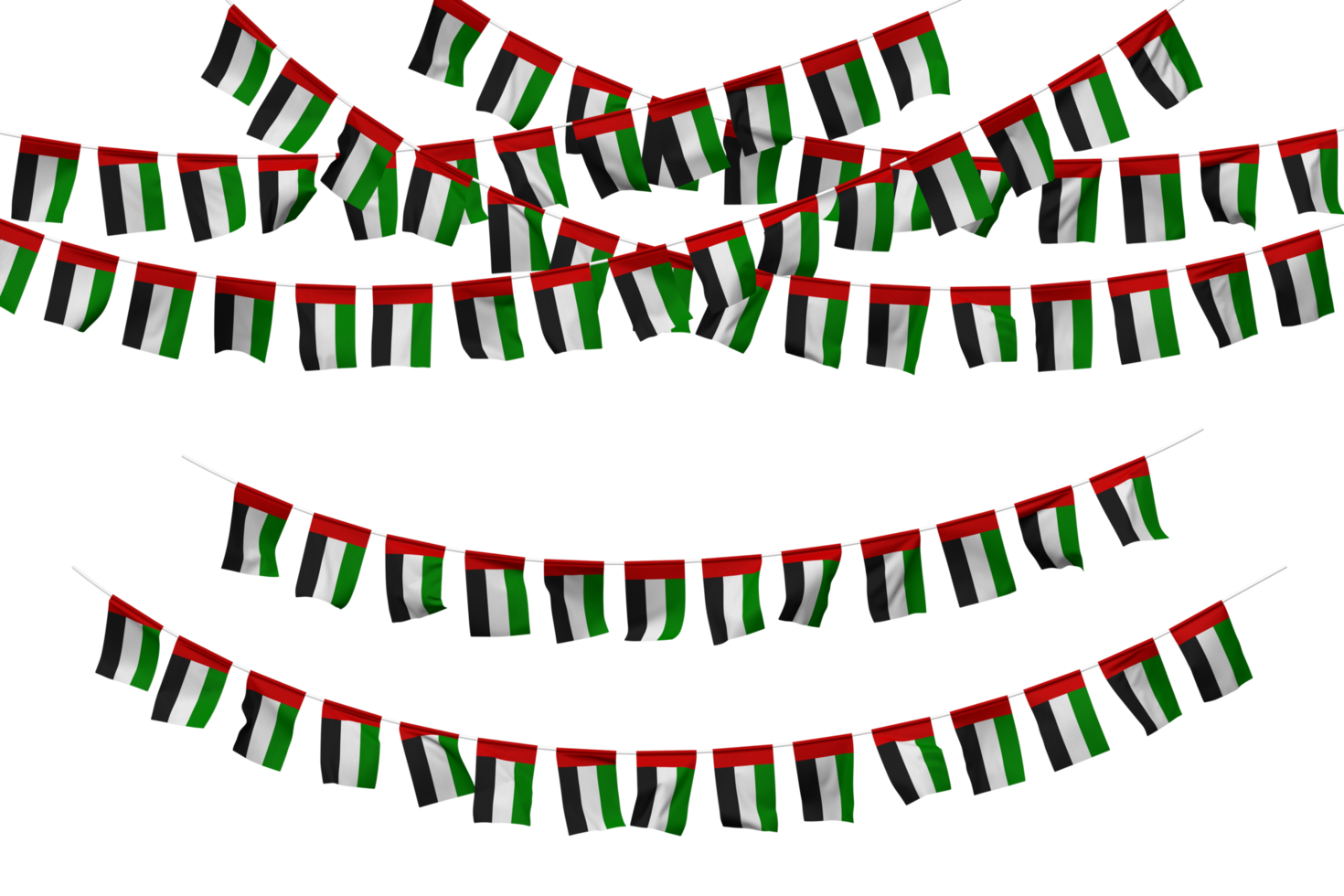 vereinigt arabisch Emirate Flagge Ammer Dekoration auf das Seil, jhandi, einstellen von klein Flagge Feier, 3d Rendern png