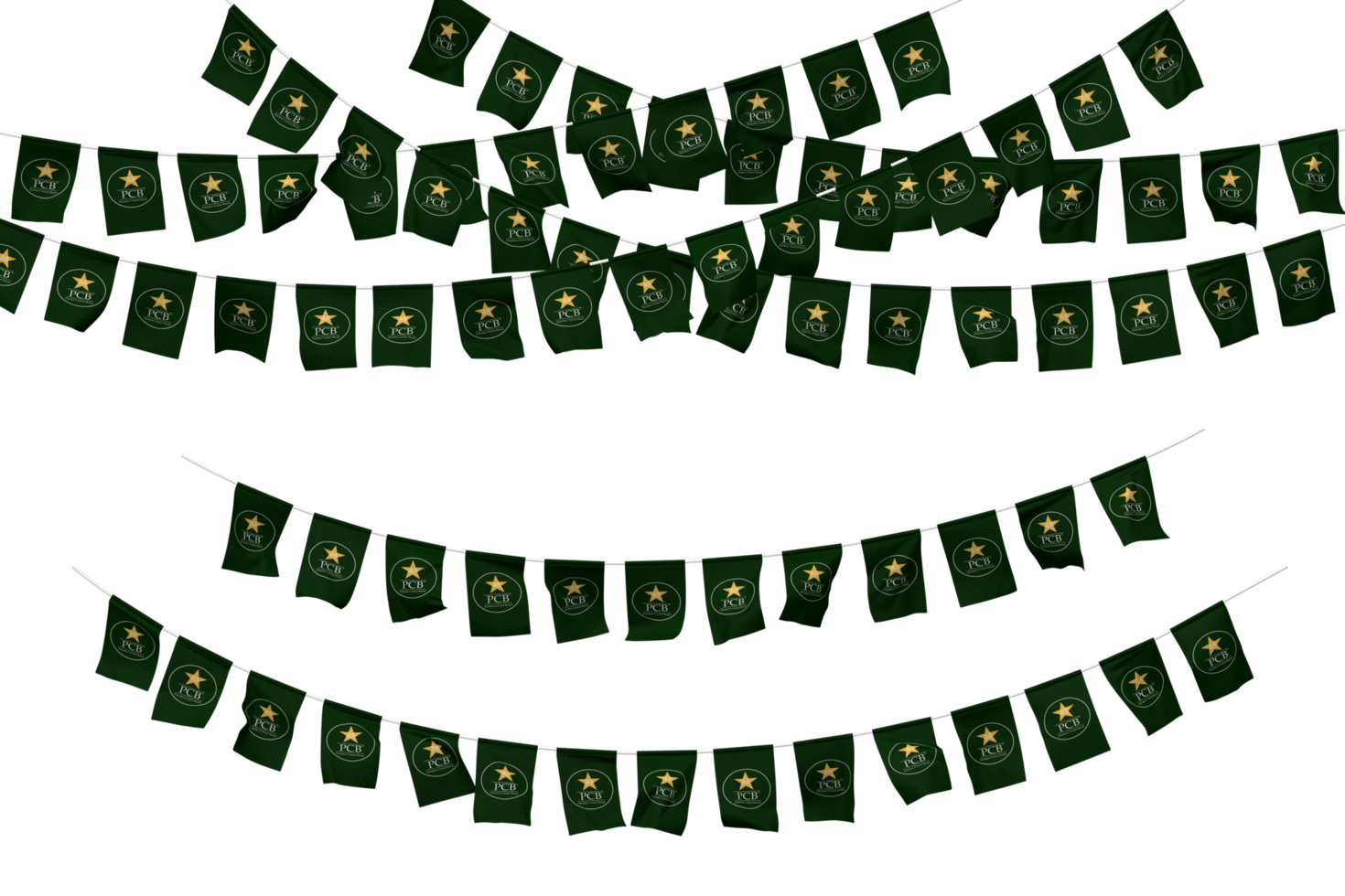 Pakistan Cricket Board, PCB Flag Bunting Decoration on The Rope, Jhandi, Set of Small Flag Celebration, 3D Rendering png