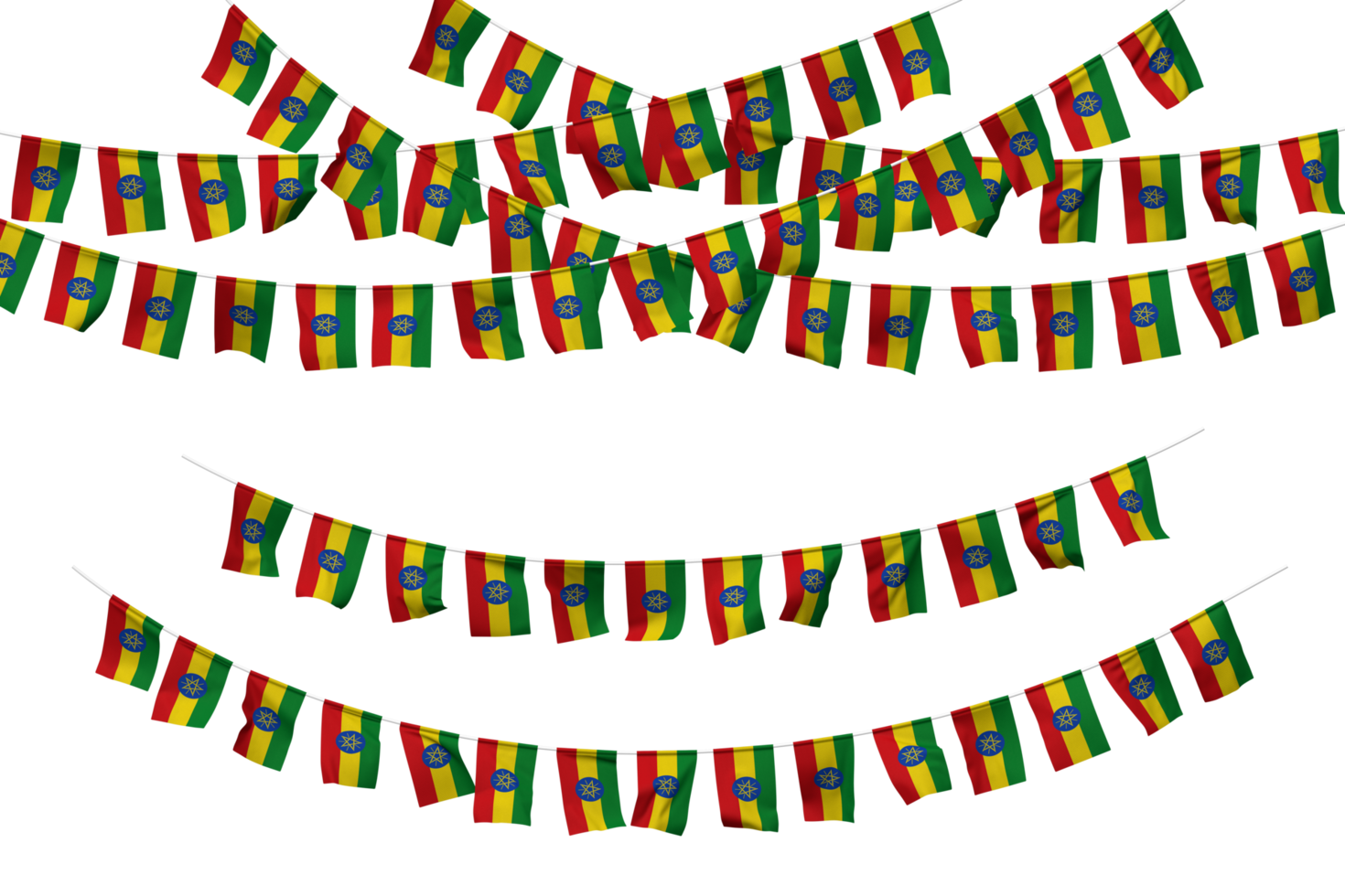 Ethiopia Flag Bunting Decoration on The Rope, Jhandi, Set of Small Flag Celebration, 3D Rendering png