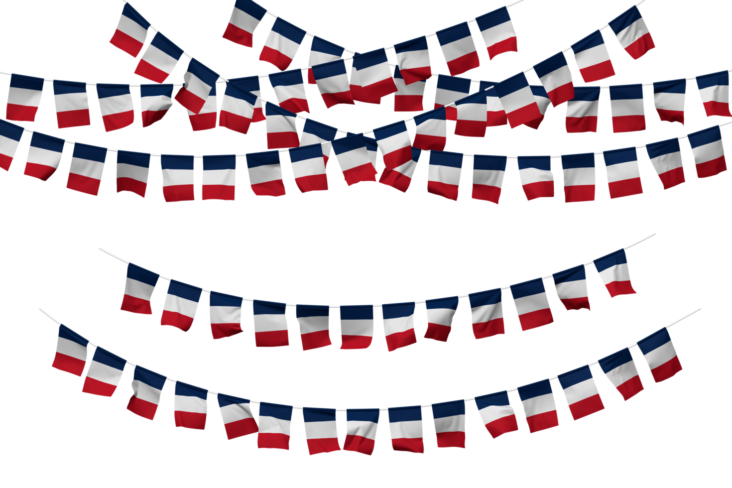 Francia bandera verderón decoración en el soga, jhandi, conjunto de pequeño bandera celebracion, 3d representación png